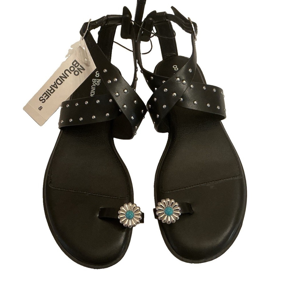 Women's No Boundaries Black Strappy Sandals Size 8 Rhinestone Accent Flower Toe